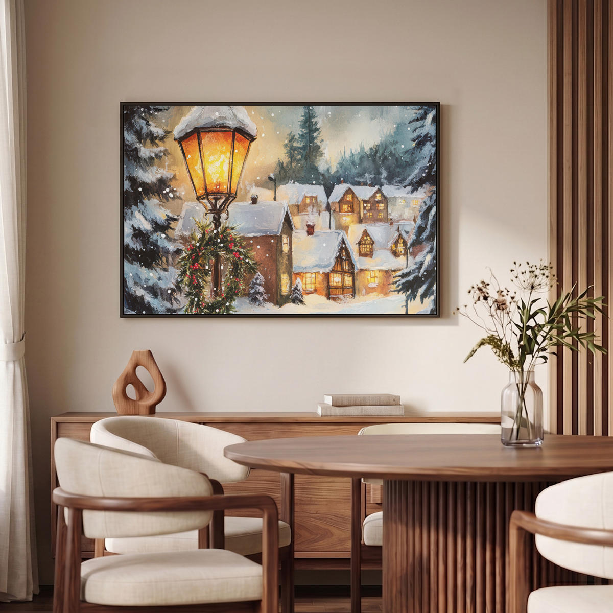 LEINWAND Bilder mit Rahmen - Weihnachtsdorf - Häuser - Schnee - Weihnachten - 90x60 - Sandfarben, Textil (90/60cm) - MuchoWow