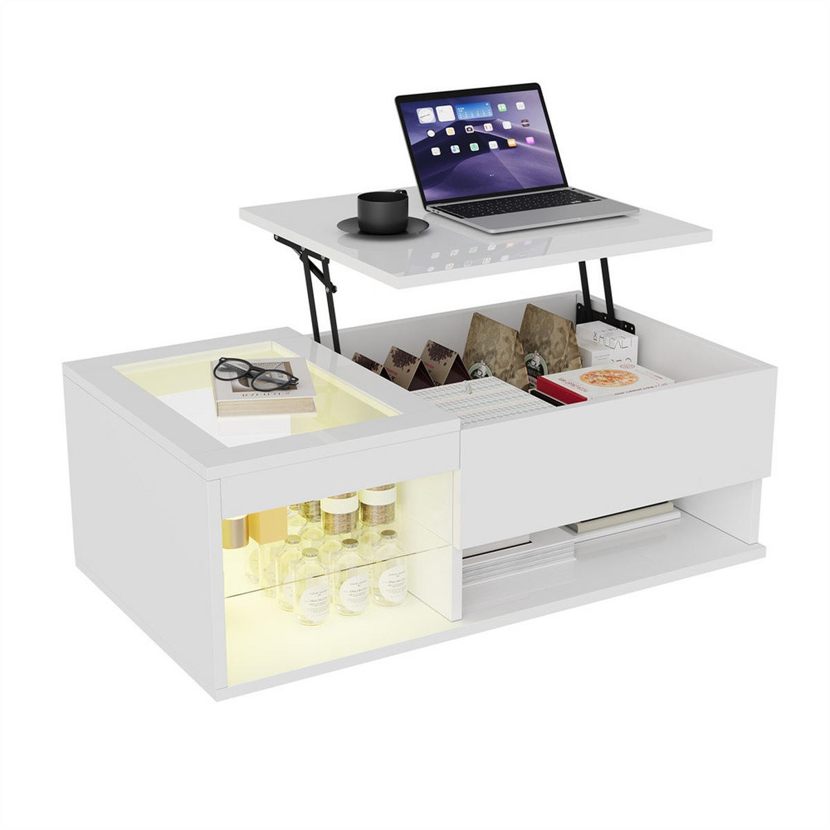 COUCHTISCH Rechteckig - Höhenverstellbarer Couchtisch mit LED - Hochglanz Lift-Top Tisch mit Glasablage - Weiß - Weiß, Holzwerkstoff (55/100/35cm) - DELFA