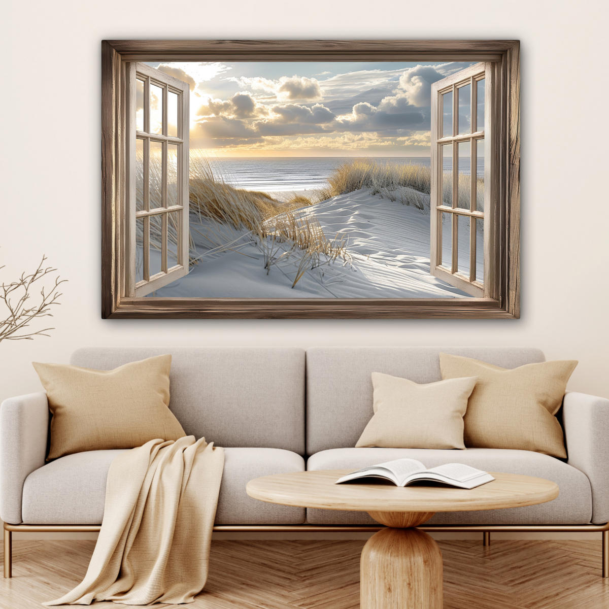 LEINWANDBILD Ausblick - Strand - Dünen - Meer - Natur Wohnzimmer Groß 120x80 cm - Sandfarben, Textil (120/80cm) - MuchoWow