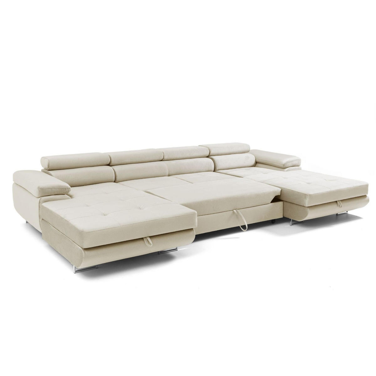 ECKSOFA U-Form ALONZO U mit Schlaffunktion 130x280 Velours Beige - Beige/Silberfarben, Holz/Textil (350/90/203cm) - Muffo