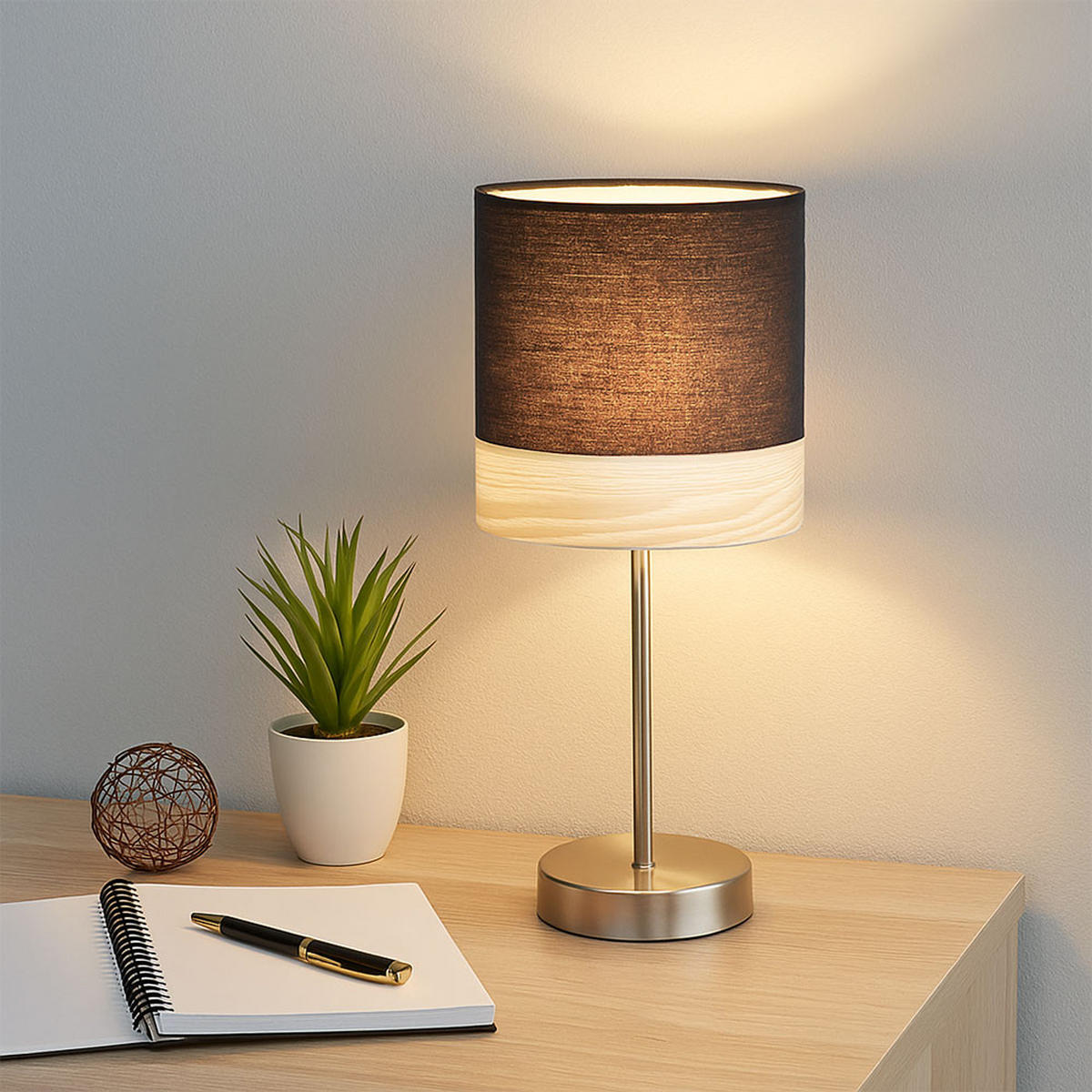 LED TISCHLEUCHTE Metall Schwarz Textil - Schwarz, Holz (15/15/35cm) - Globo Lighting