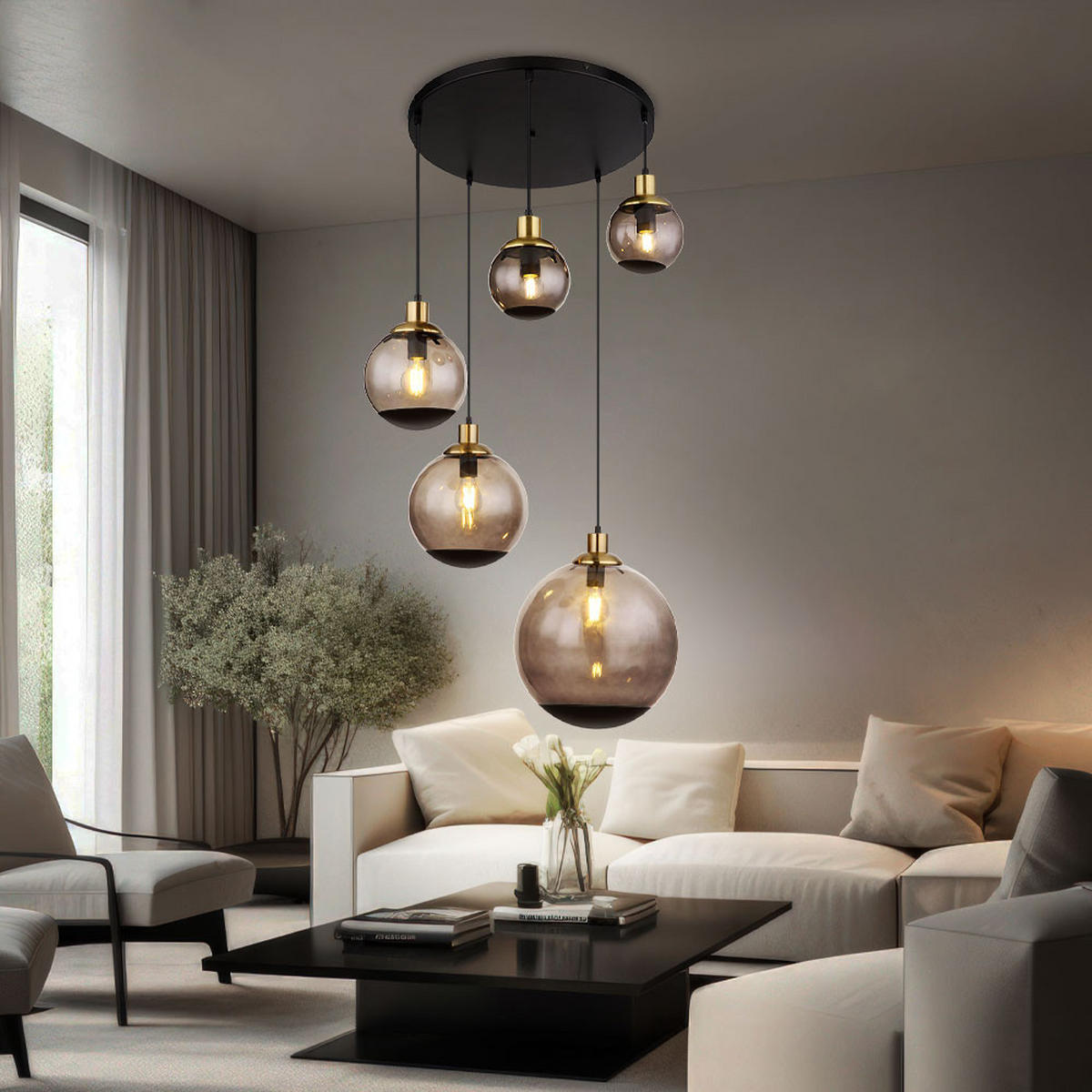 HÄNGELEUCHTE Metall Schwarz 5-Flammig - Schwarz, Glas (65/65/150cm) - Globo Lighting