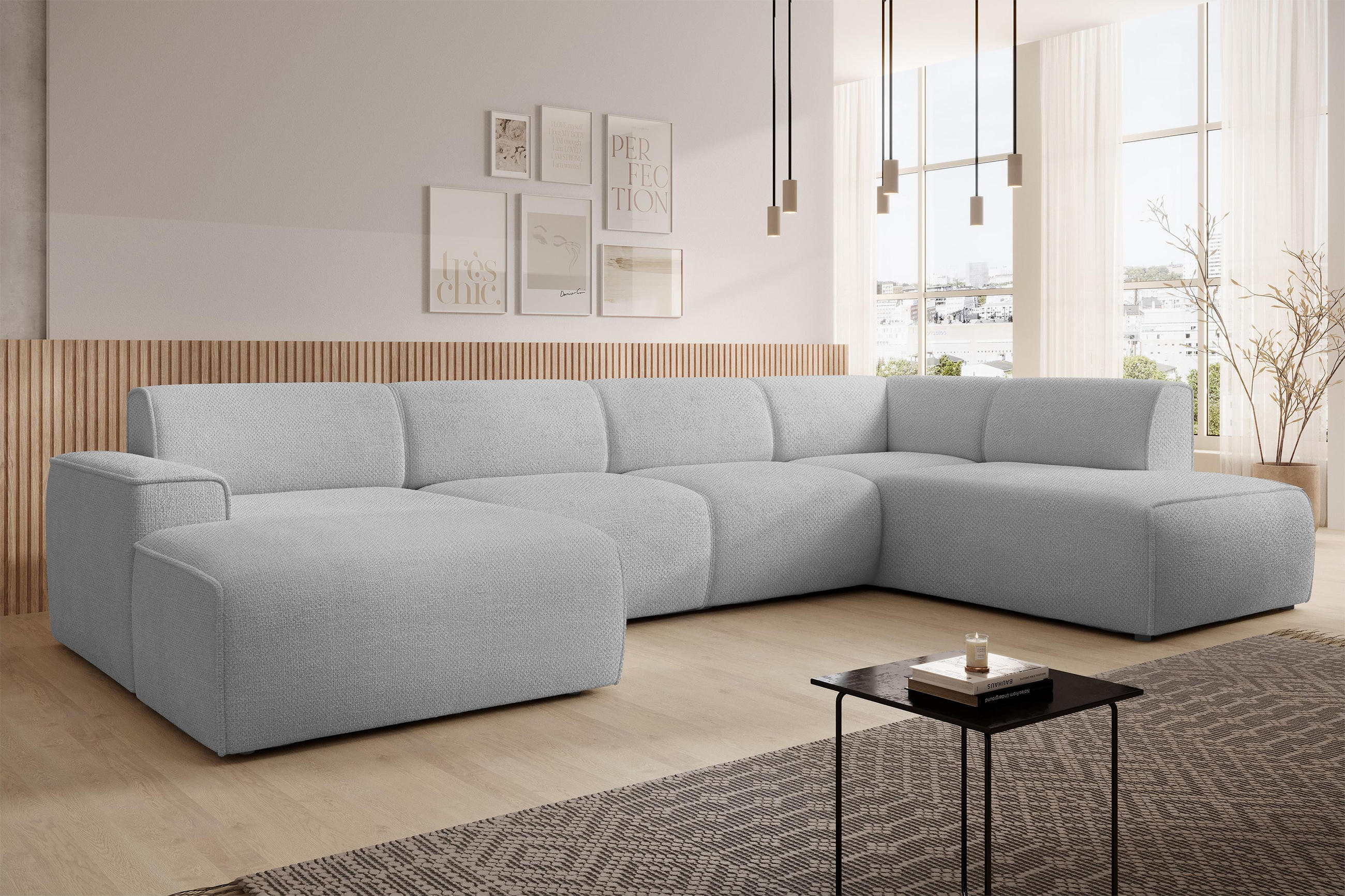 WOHNLANDSCHAFT Didim Hellgrau 378/220/78 cm – großes Sofa stilvoll & bequem R - Hellgrau/Schwarz, Kunststoff/Textil (378/78/220cm) - AX Living
