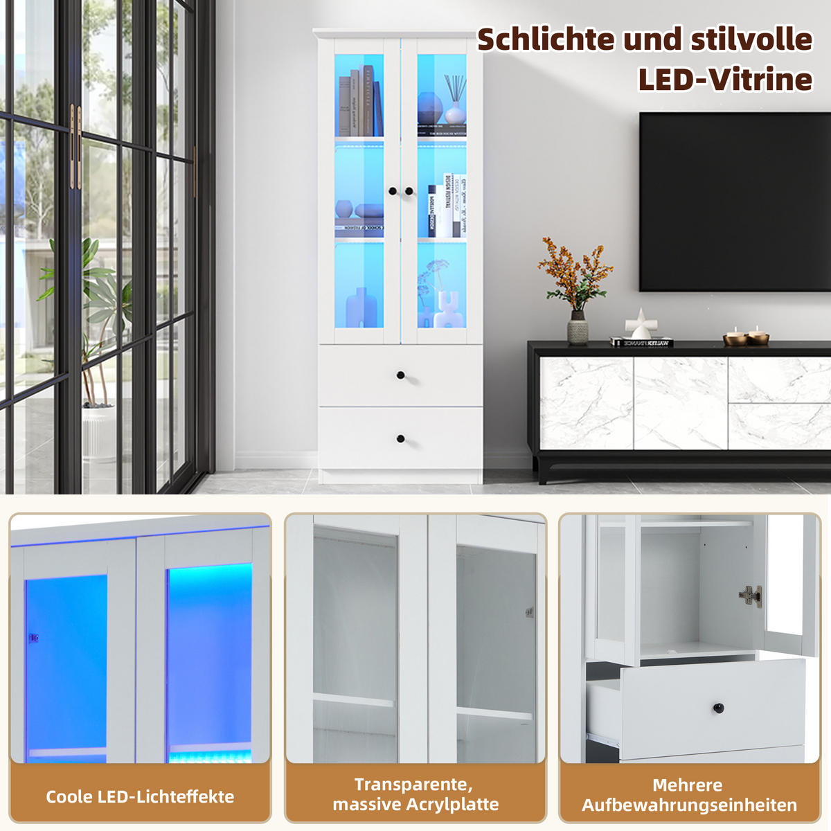 VITRINE, LED, 2 Schubladen, USB, Flügeltüren, Weiß, 165cm - Weiß, Holzwerkstoff (35.5/165/60cm) - FLIEKS