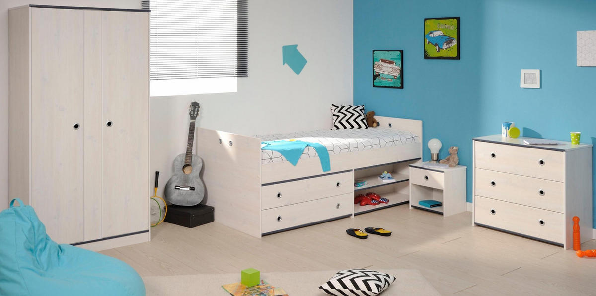 KINDERZIMMER Set Kleiderschrank Kommode Nachttisch Bett 90x200 cm - Weiß/Kieferfarben, Holz/Holzwerkstoff (290/182/95cm) - Parisot Meuble