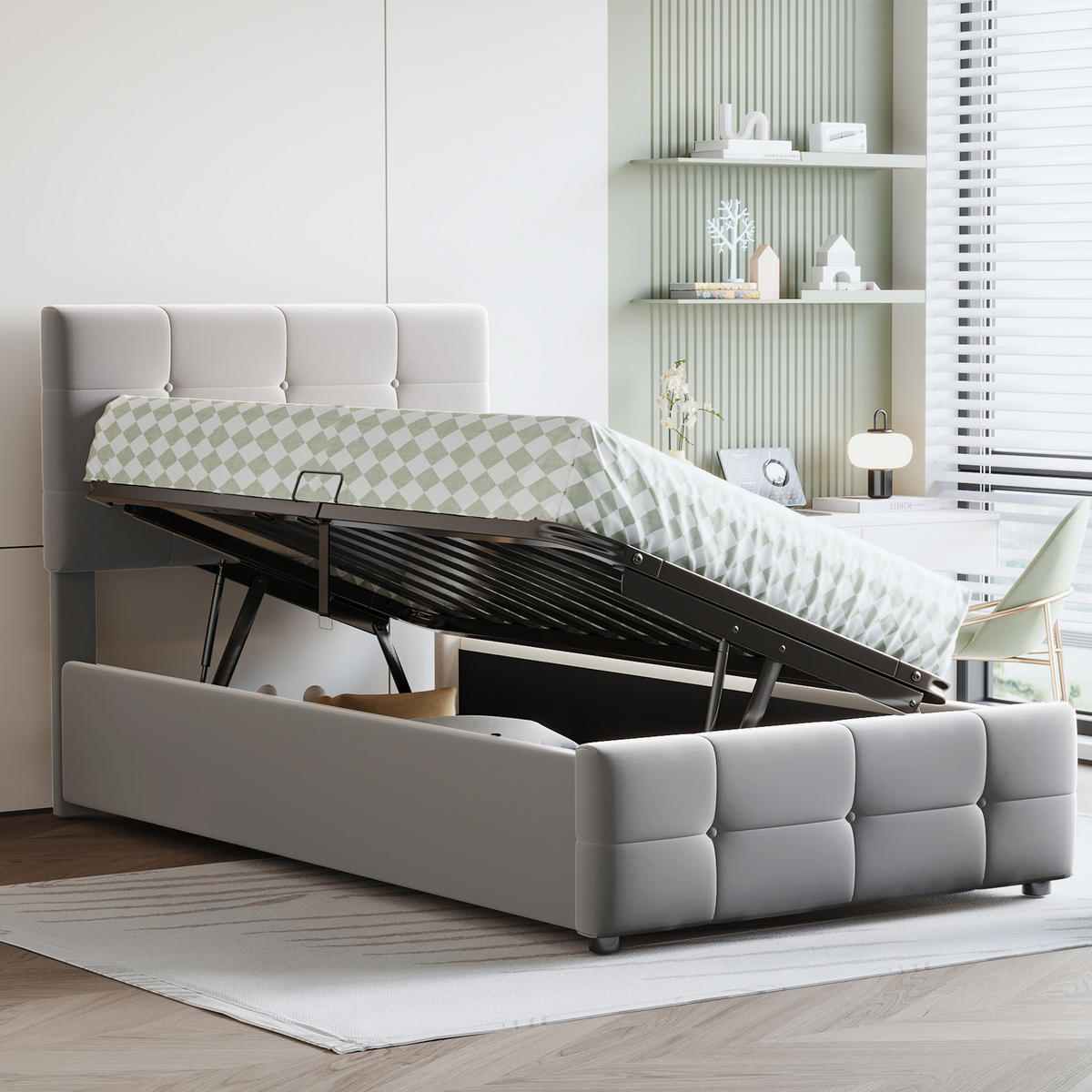 KINDERBETT 90/200 cm mit hydraulischem Stauraum und höhenverstellbarem Kopfteil, Grau - Grau, Textil (90/200cm) - OKWISH