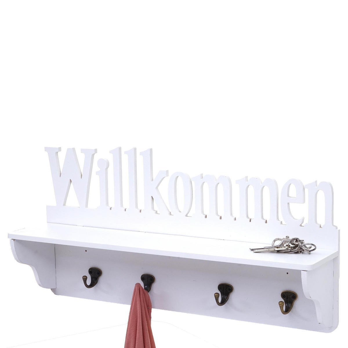 WANDGARDEROBE WILLKOMMEN 4 HAKEN Reinweiß - Weiß, Holz (60/30/13cm) - MCW