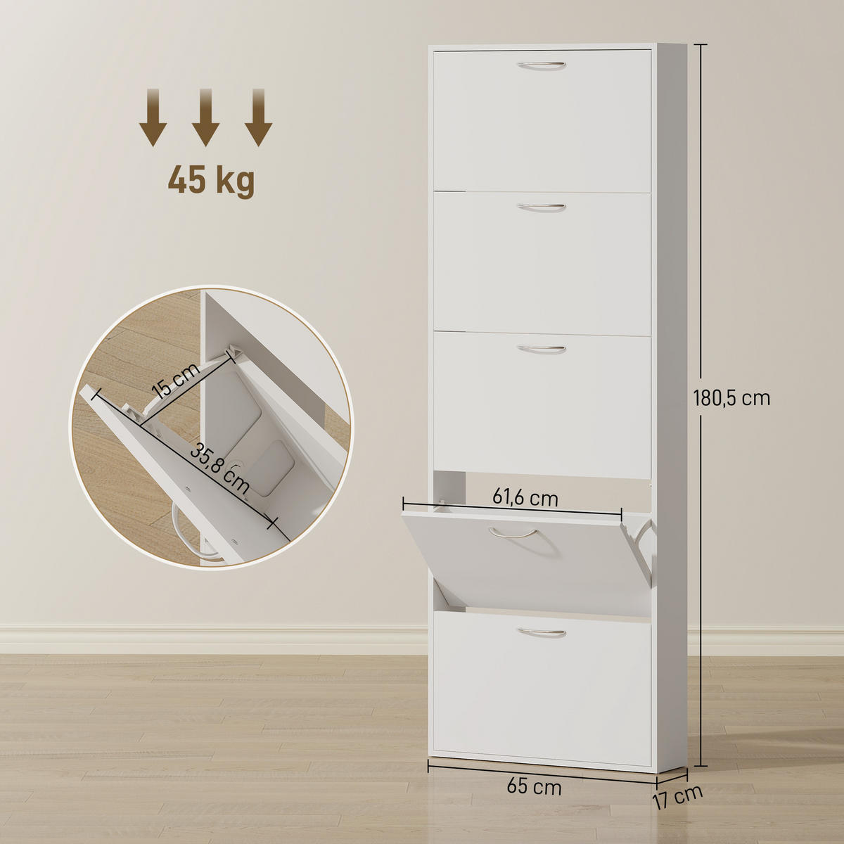 SCHUHSCHRANK Weiß 65/17/180,5 cm - Weiß, Holzwerkstoff (65/180.5/17cm) - PANGIVO