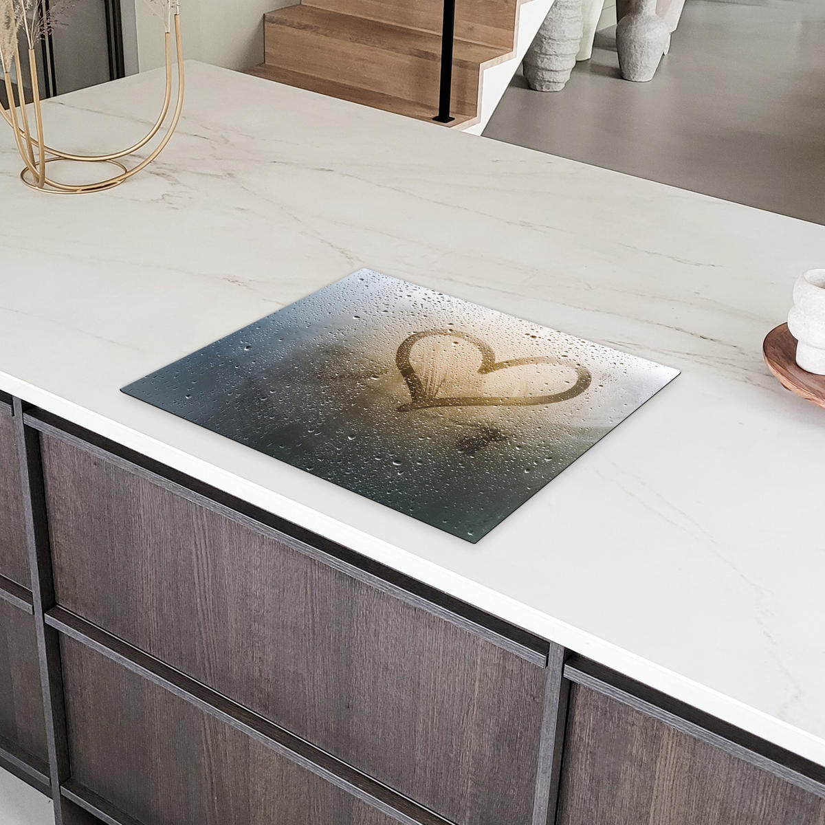 HERDABDECKPLATTE Herz - Kondenswasser - Wasser - 3D Herdabdeckung Induktionsfeld 65x52 cm - Grau, Kunststoff (65/52/0.2cm) - MuchoWow