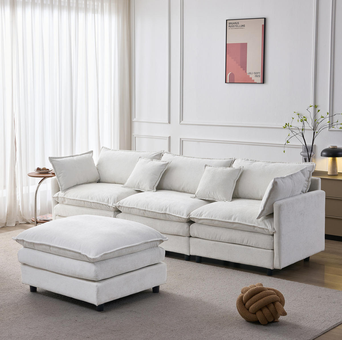 ECKSOFA aus Chenille 267x78x85 cm in Beige mit Hocker - Beige, Textil (78/85/267cm) - Modfu