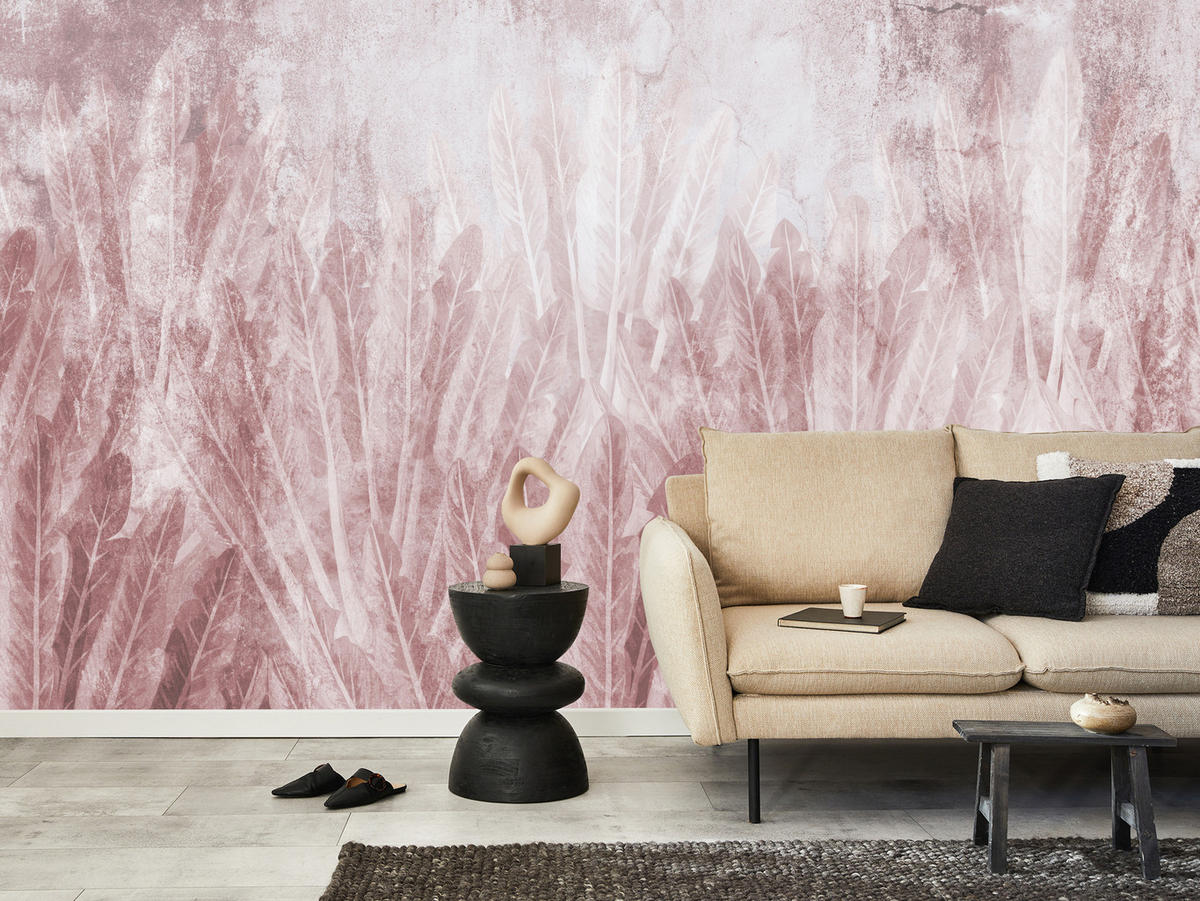 FOTOTAPETE für Wohnzimmer Beton Bananenblätter Retro Rosa Pflanzen 300x210 - Rosa, Papier (300/210cm) - Muralo