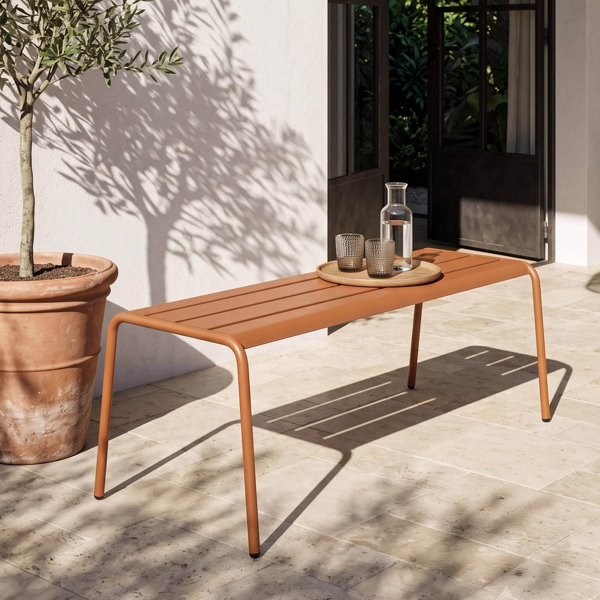 GARTENBANK, Karamell - Braun, Metall (52/46/120cm) - Oviala