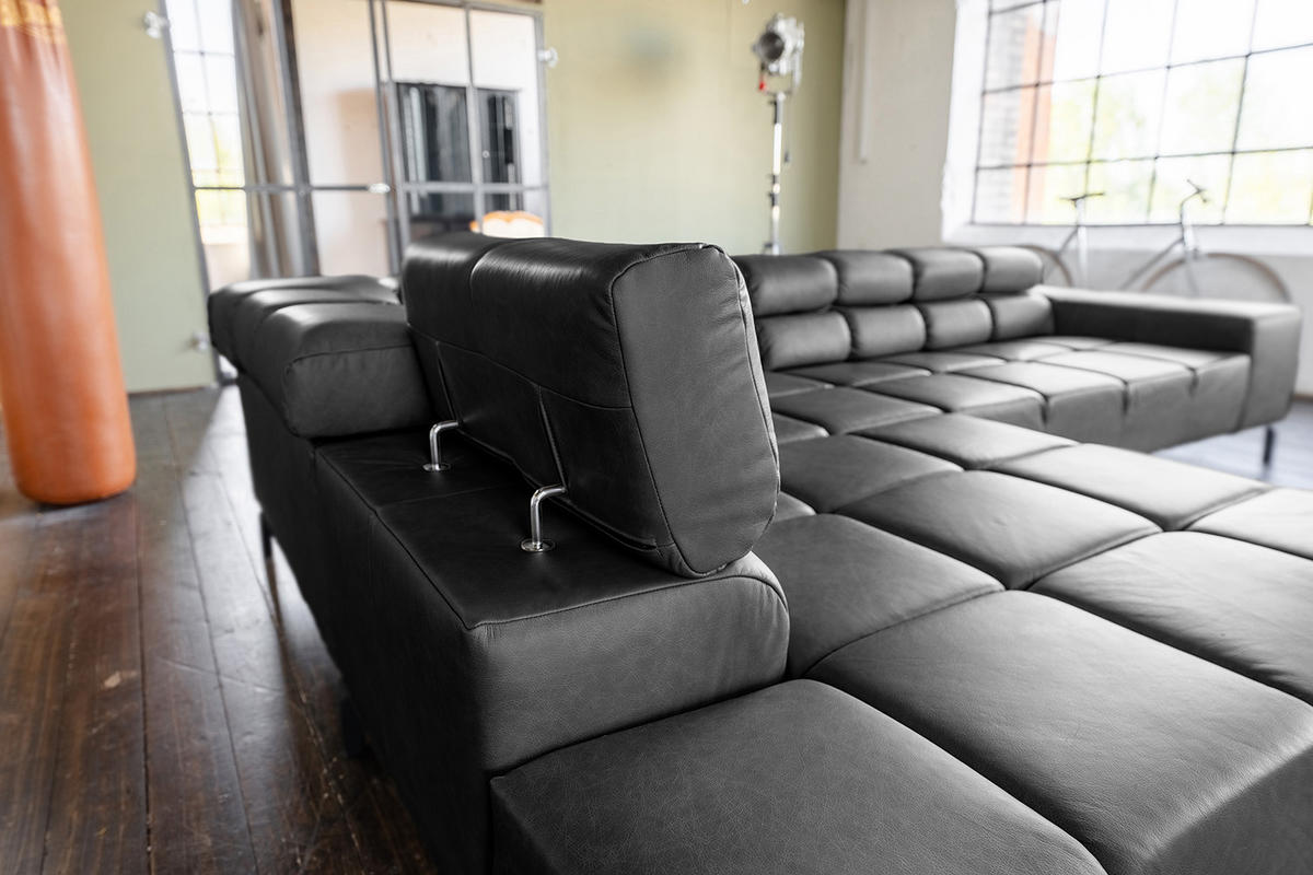 ECKSOFA NELSON Schwarz Leder Relaxfunktion - Schwarz, Leder/Metall (321/216cm) - KAWOLA