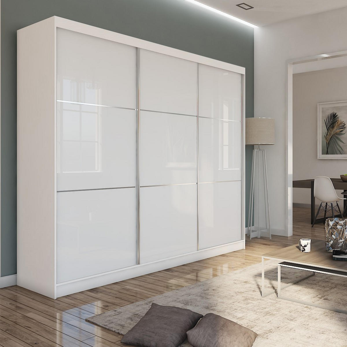 SCHWEBETÜRENSCHRANK VITALE 240/216/61 cm 3-türig Weiß - Weiß, Holzwerkstoff (240/216/61cm) - MASSENO