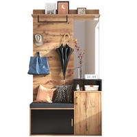 GARDEROBENSET 105/40/191,5 cm mit Spiegel, Schuhschrank, Sitzbank und Garderobenstange aus MDF und Spanplatte, Schwarz/Holzfarben - Schwarz, Holzwerkstoff (105/191/40cm) - Redom