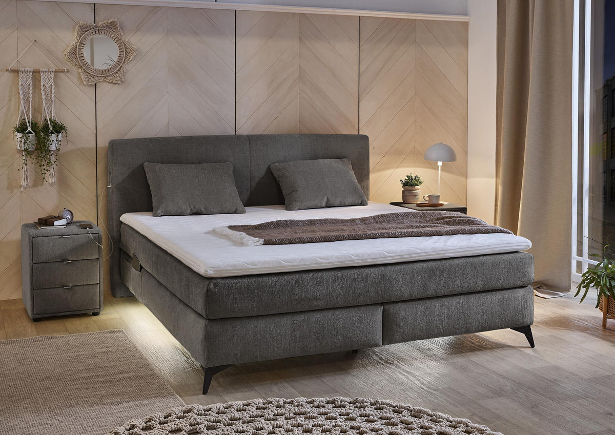BOXSPRINGBETT 180x200, 7-Zonen-Tonnentaschen-Federkernmatratzen H3+H4, Topper,Bonell-Federkern,Beleuchtung,USB-Ladeports, Chenille Dunkelgrau / 20045 - Dunkelgrau/Schwarz, Textil/Metall (180/200cm) - luma-home