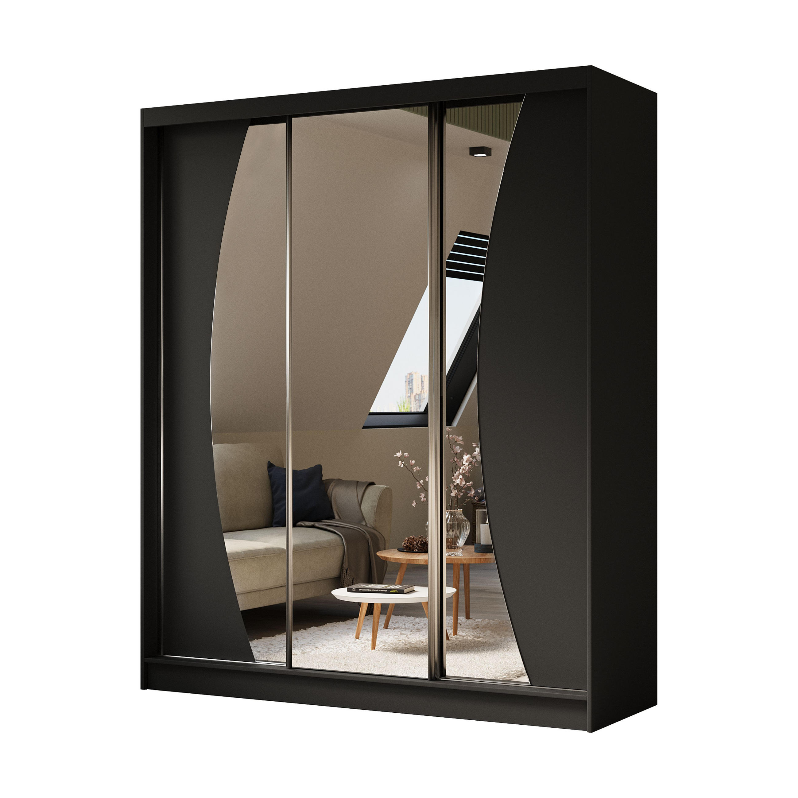 SCHWEBETÜRENSCHRANK VOCE 180/216/61 cm 3-türig mit Spiegel Schwarz - Schwarz, Holzwerkstoff (180/216/61cm) - MASSENO