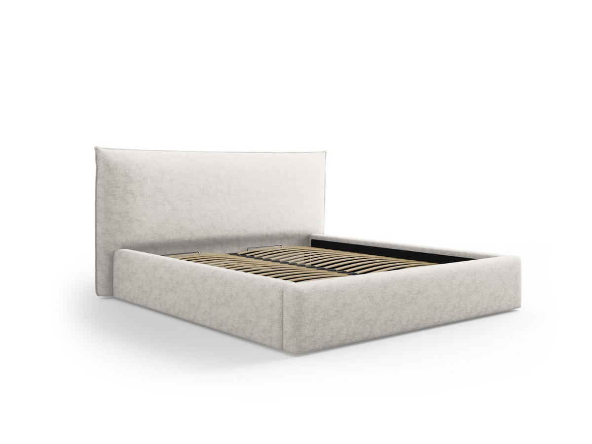 BETT mit Bettkasten und Kopfteil Kaelle aus Chenille-Stoff leichtes beige 180x200cm - Creme, Textil (180/200cm) - Micadoni