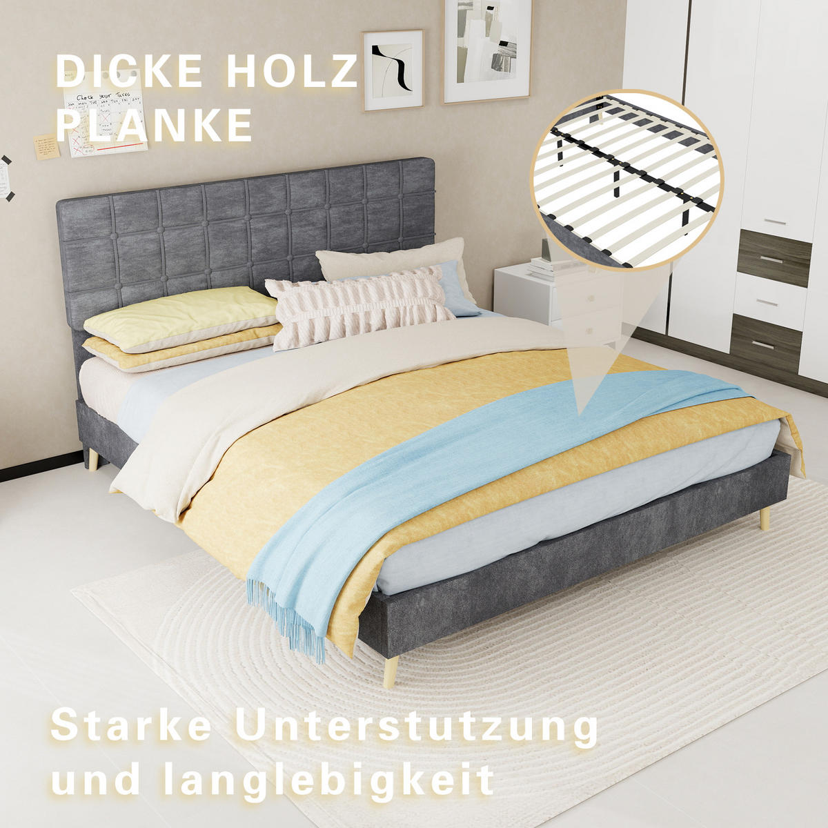 POLSTERBETT 160/200 cm DE-32943 mit Karosteppung-Kopfteil Grau - Grau, Metall (160/200cm) - ComfortXL