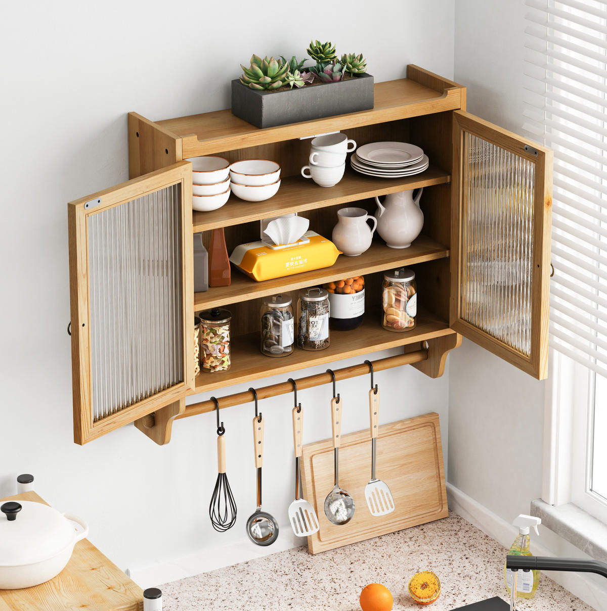 KÜCHENOBERSCHRANK 63x18x60 cm in Natural aus Glas, Massivholz mit Drei-Stufen-Stauraum & Wandmontage - Naturfarben, Holzwerkstoff (63/60/18cm) - Modfu