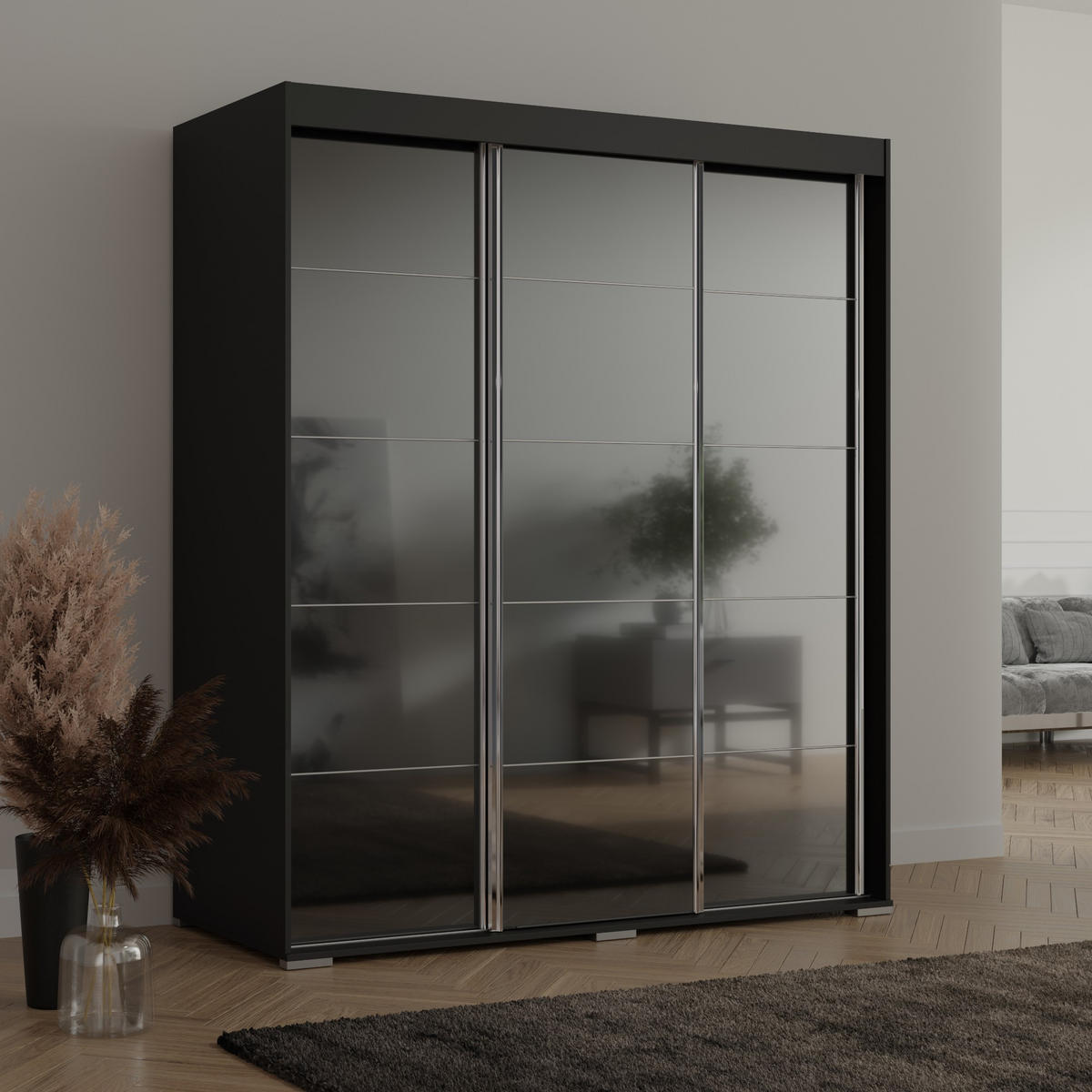 SCHIEBETÜRENSCHRANK mit Schubladen Como 3D 180 Schwarz (lacobel) - Silberfarben/Schwarz, Holzwerkstoff/Metall (180/208/67cm) - mzm24