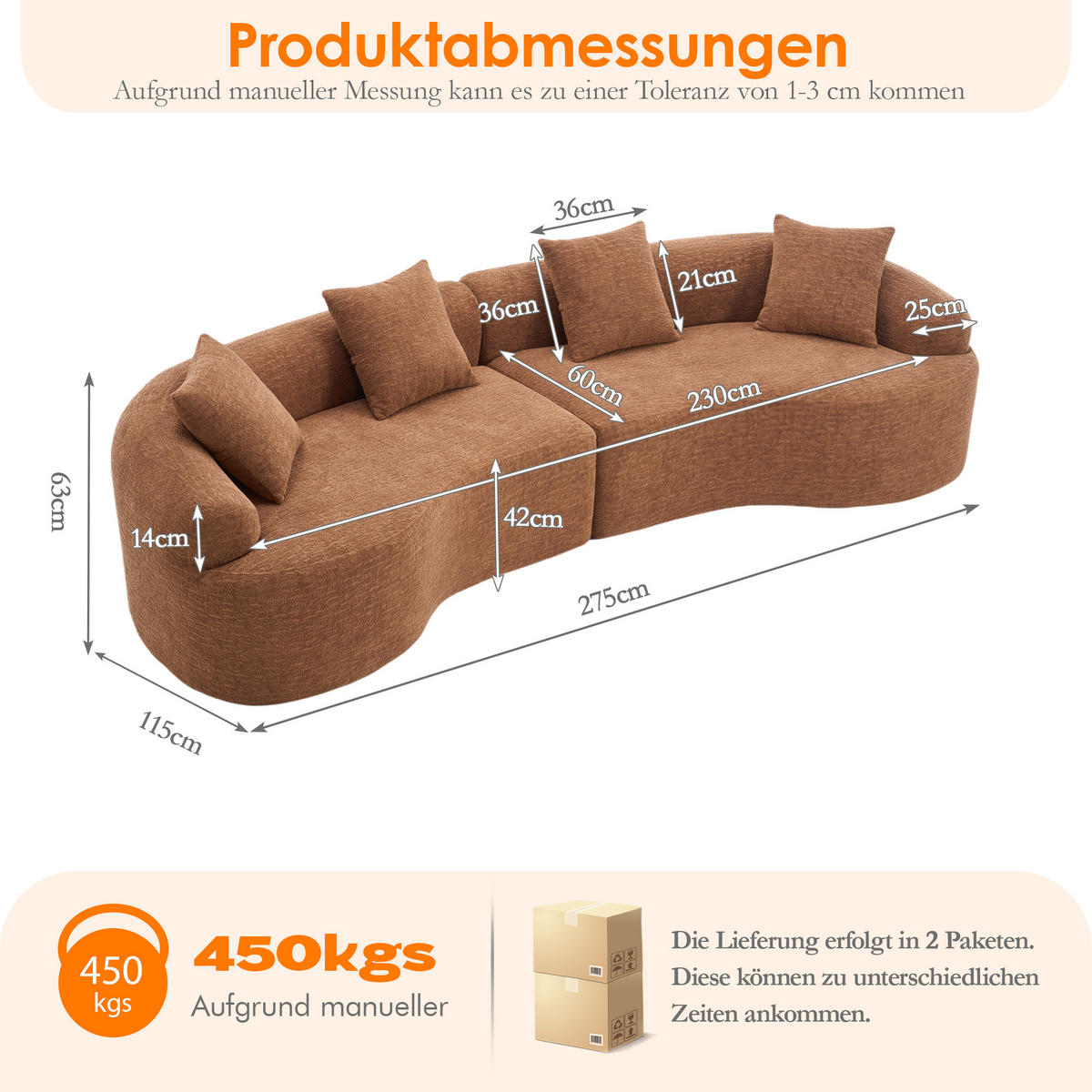 ECKSOFA 275/115/63 cm Karamell Chenille - Cognac, Textil (275/115cm) - Oxeza