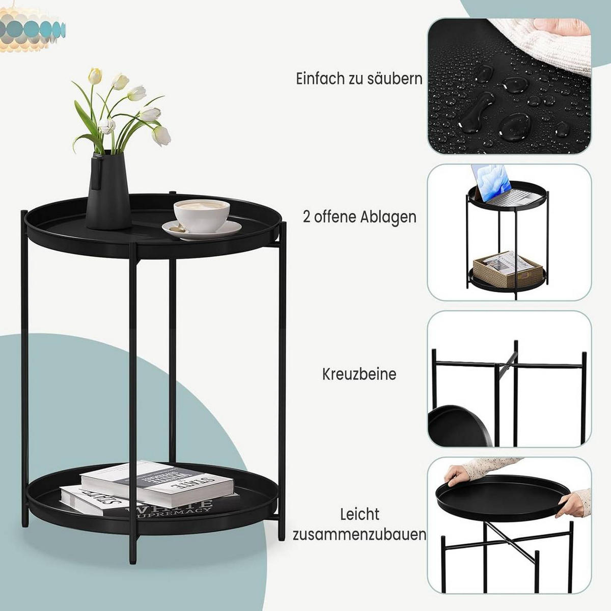 COUCHTISCH rund, mit Stauraum, Metall, Schwarz - Schwarz, Metall (44/44/53cm) - Woltu