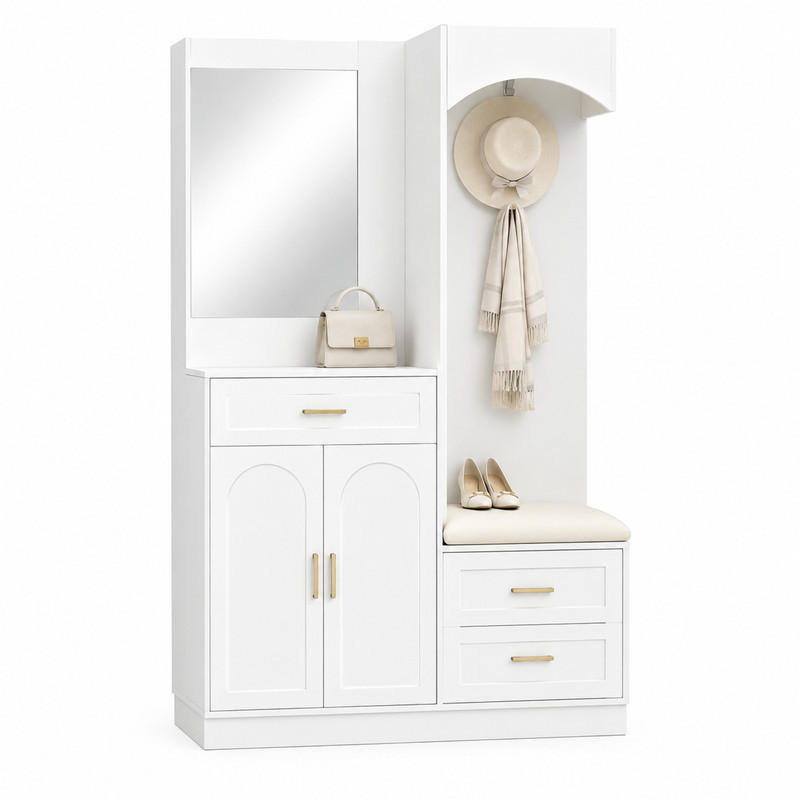 GARDEROBE mit Schuhschrank und Spiegel 110 x 33 x 185,5 cm Weiß - Weiß, Holzwerkstoff (33/185.5/110cm) - Beauniv