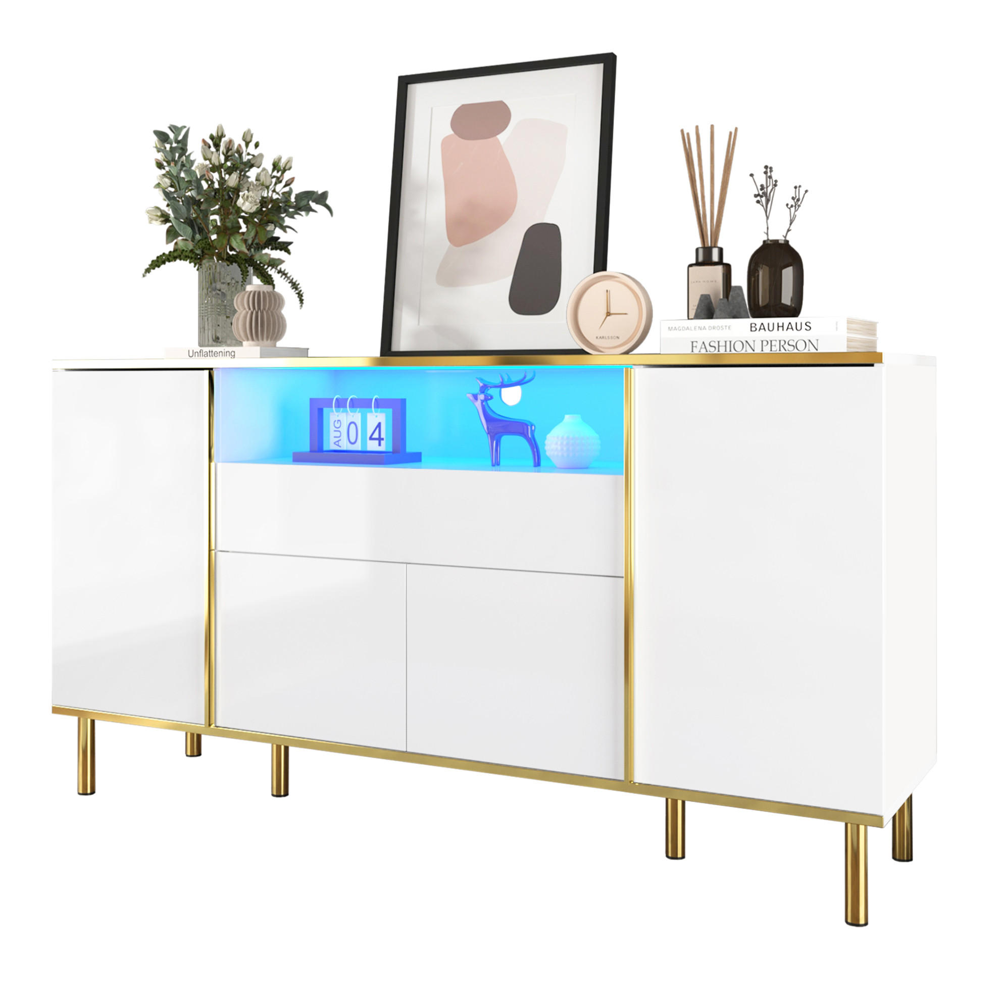 Modfu KOMODA z MDF a dřevotřísky 150x40x80 cm bílá s LED osvětlením, 4 dvířky, zásuvkou a zlatými detaily