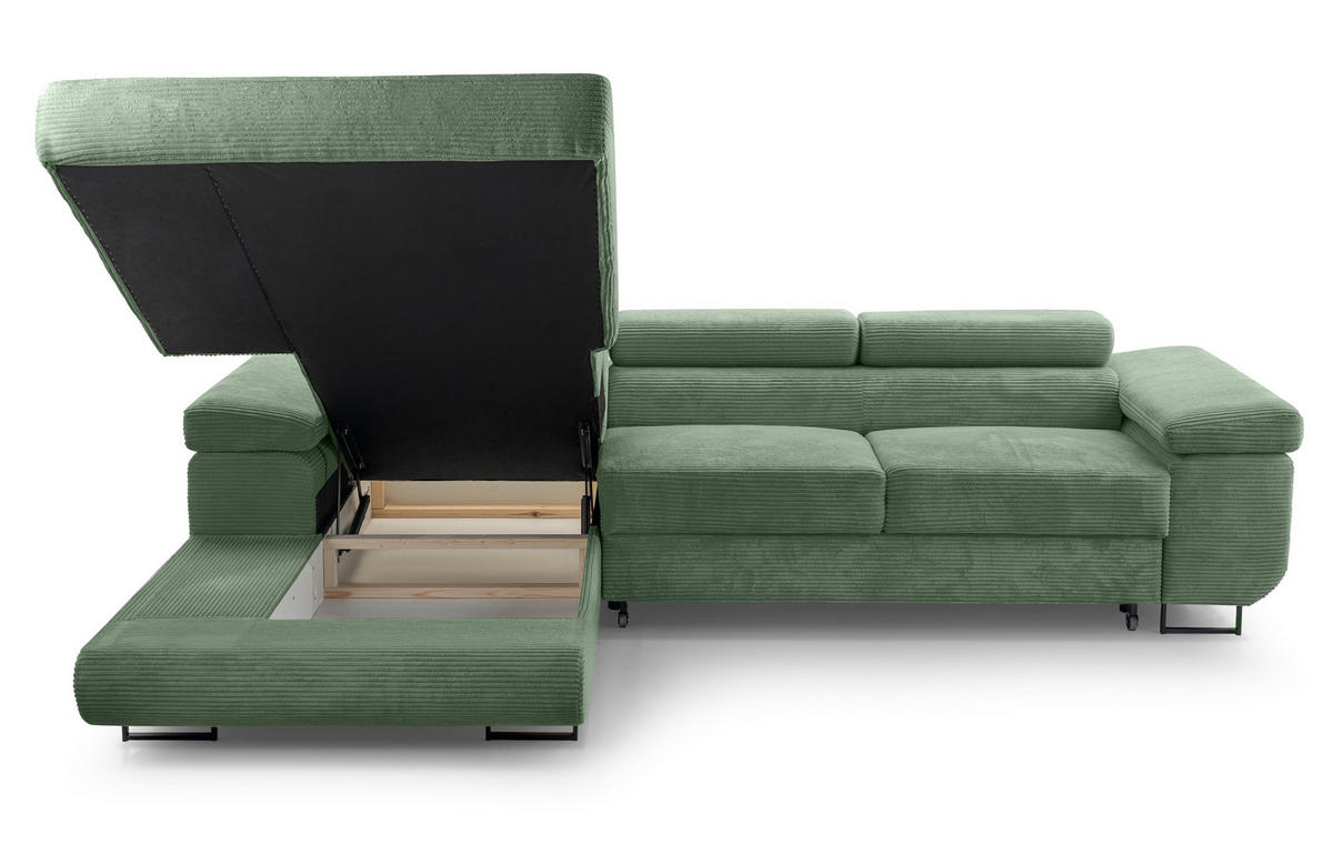 ECKSOFA L Form Arborio Salbeigrün 280/203/90 cm Links mit Schlaffunktion - Schwarz/Grün, Textil/Metall (203/280cm) - AX Living