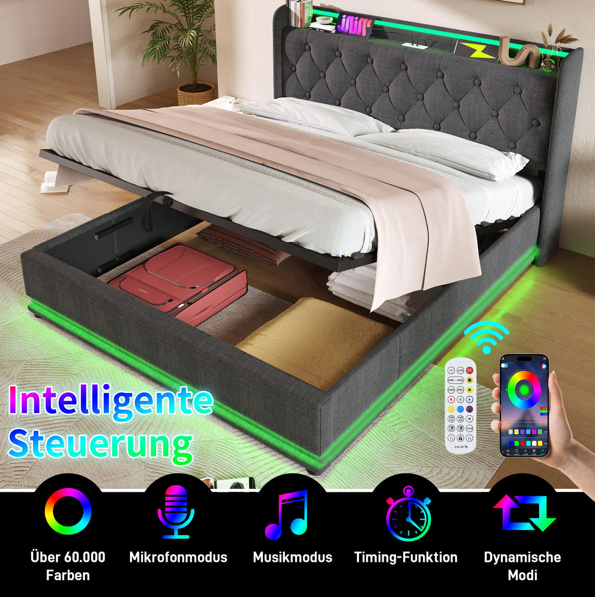 ČALOUNĚNÁ postel 140/200 cm šedá z lnu s LED osvětlením USB-C a hydraulickým úložným prostorem - šedá, textil (140/200cm) - OKWISH