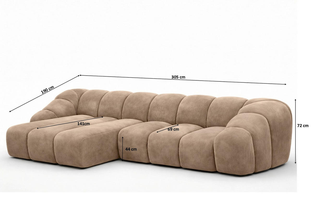ECKSOFA Modulare L-Form, Veloursstoff Bluvel, Latte, Links, CROISSANT L - Hellbraun, Holz (305/190cm) - Kaiser Möbel