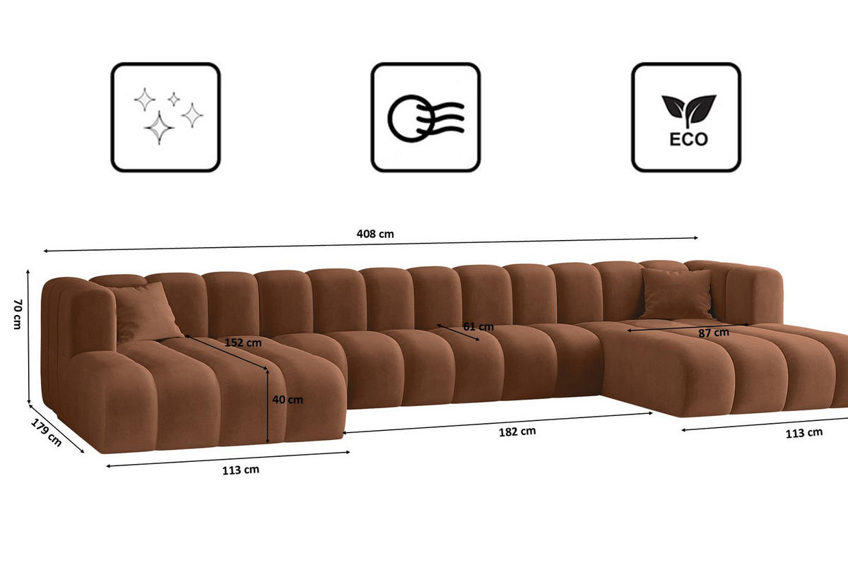 ECKSOFA, U-from, Sofa Grand U XL modular stoff Salvador Braun - Braun, Holz (179/408cm) - Kaiser Möbel