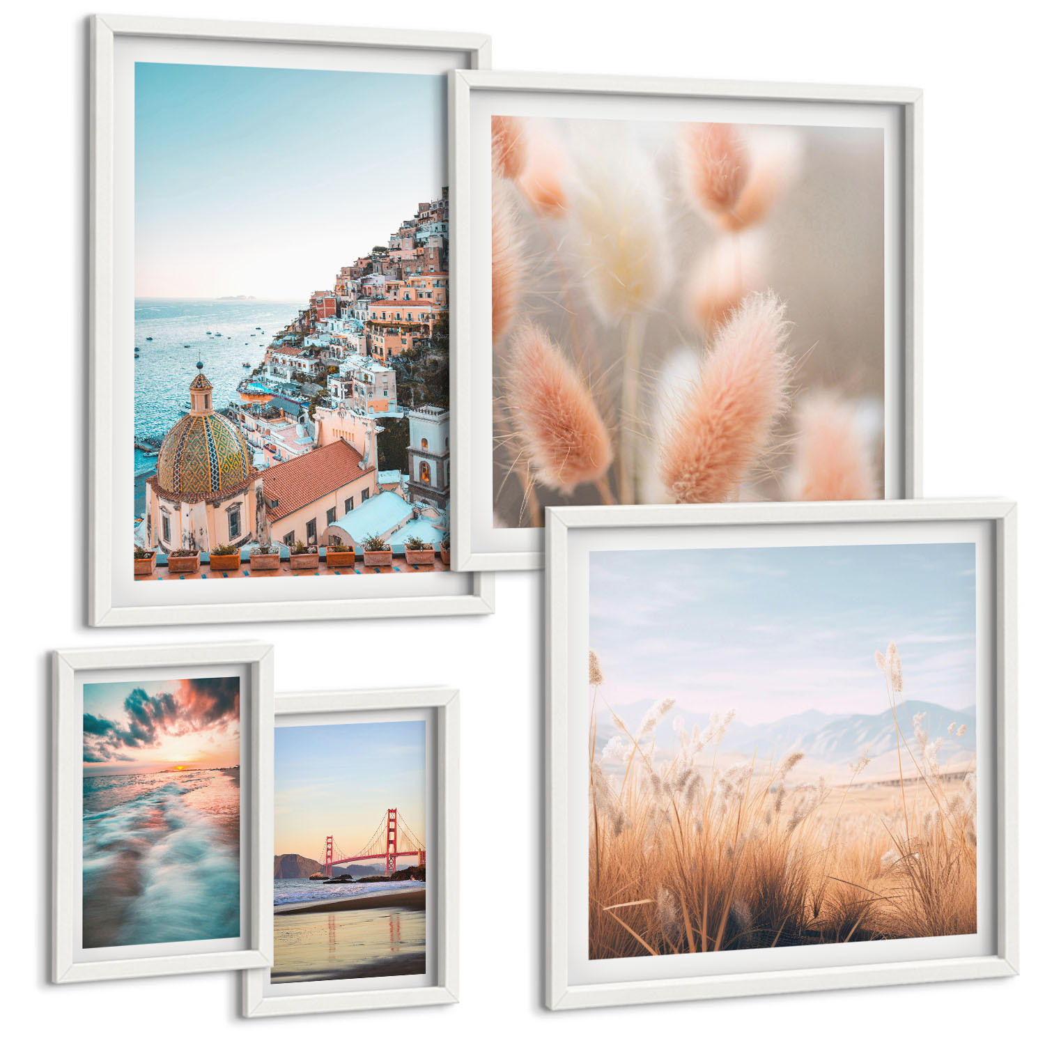 BILDER SET 5er Set - 50x50 cm & 20x30 cm & 40x60 cm Weißer Rahmen - Sonnenuntergang am Meer, Häuser, Blumen - Weiß, Kunststoff (40/60cm) - TULUP