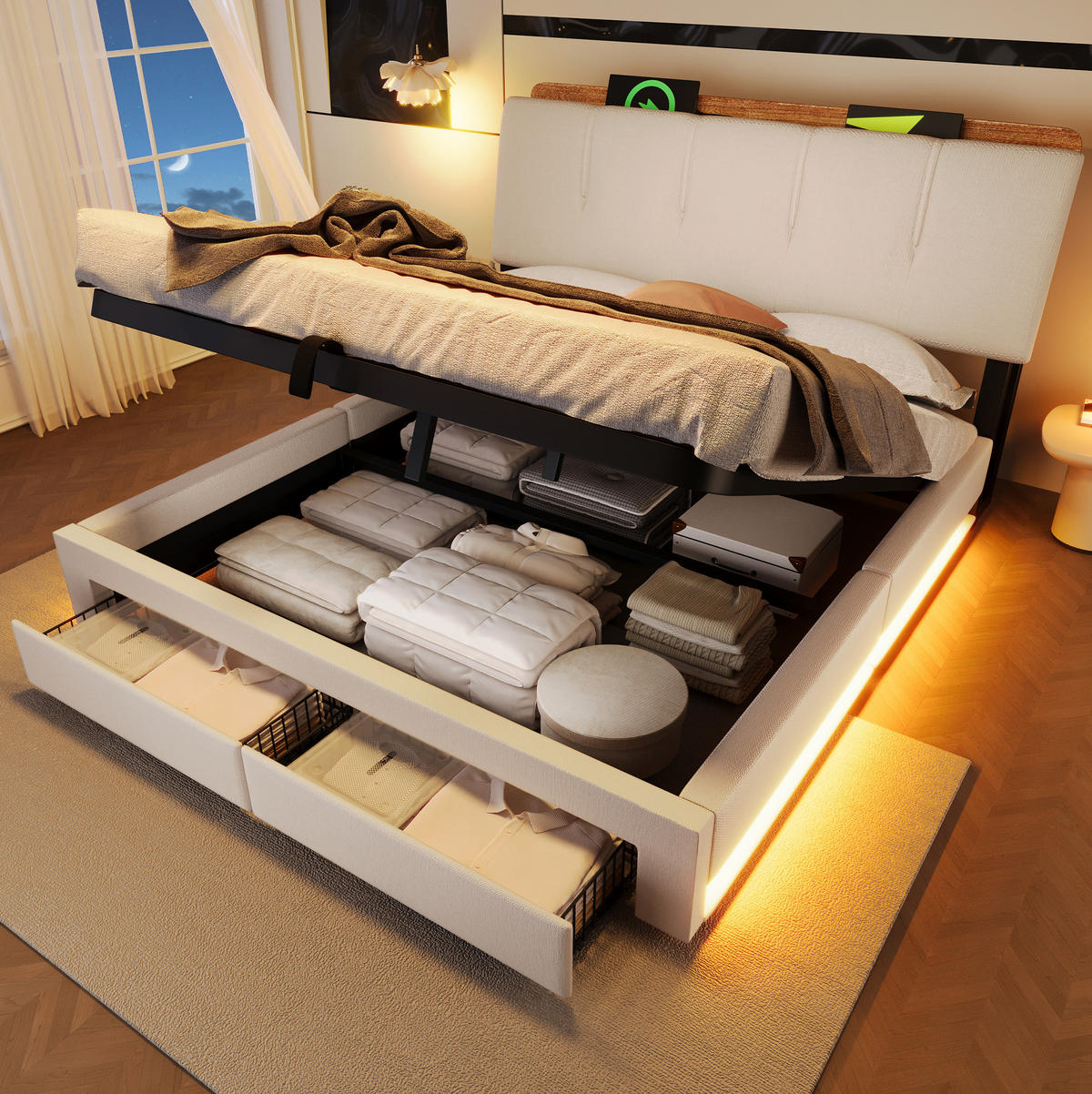 POLSTERBETT 140/200 cm aus Leinen und MDF mit LED-Beleuchtung USB Typ-C und Stauraum Beige - Beige, Textil (140/200cm) - Modenvie
