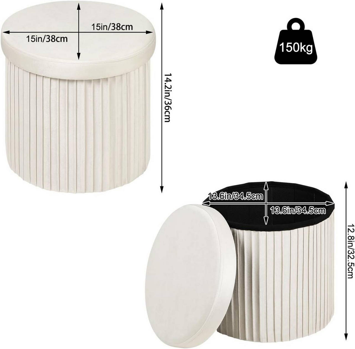 SITZHOCKER mit Deckel Stauraum, Creme - Creme, Textil (38/36/38cm) - Woltu