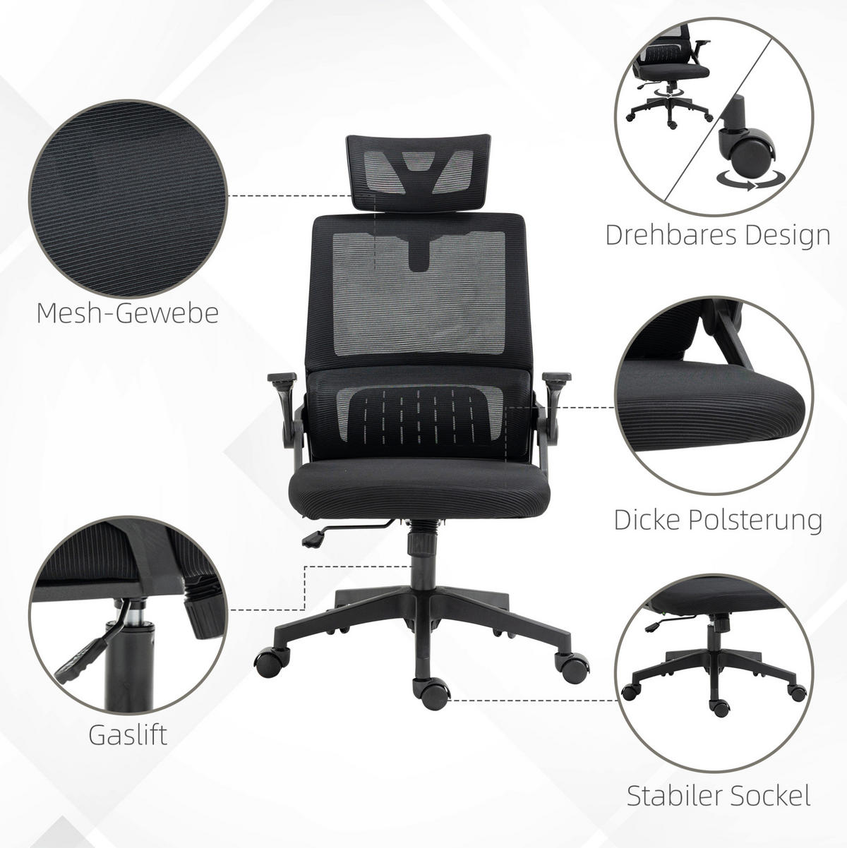 BÜROSTUHL in Schwarz 61x58x119 cm mit Kopfstütze, Lendenstütze und Wippfunktion - Schwarz, Textil (58/119/61cm) - IVMEU