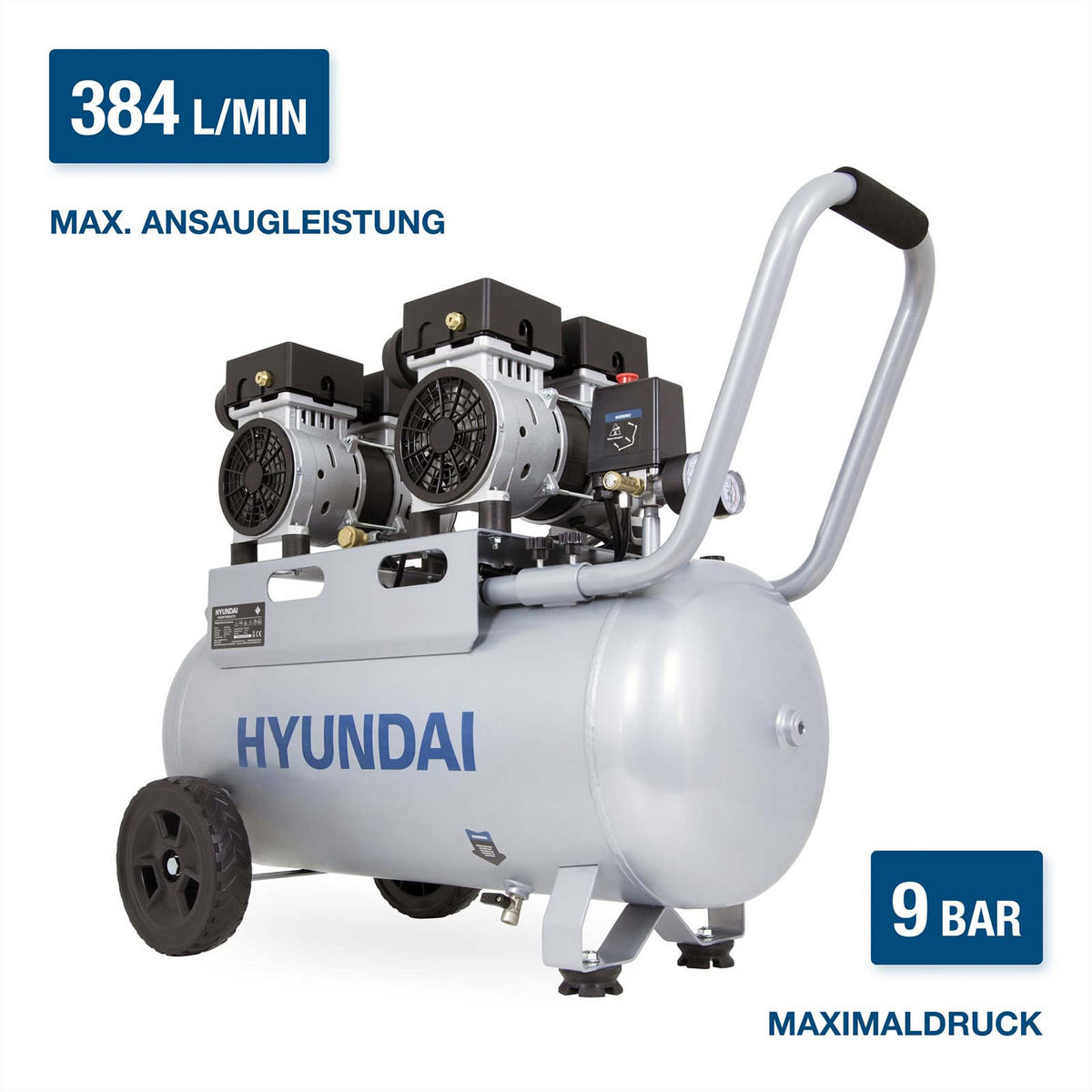 SILENT Kompressor SAC22050 SET (Druckluftkompressor leise, ölfrei, Flüsterkompressor, 67dB, 50L Kessel, 9bar, 2.2kW, 384L/Min) - Silberfarben, Metall (85/42/65cm) - HYUNDAI