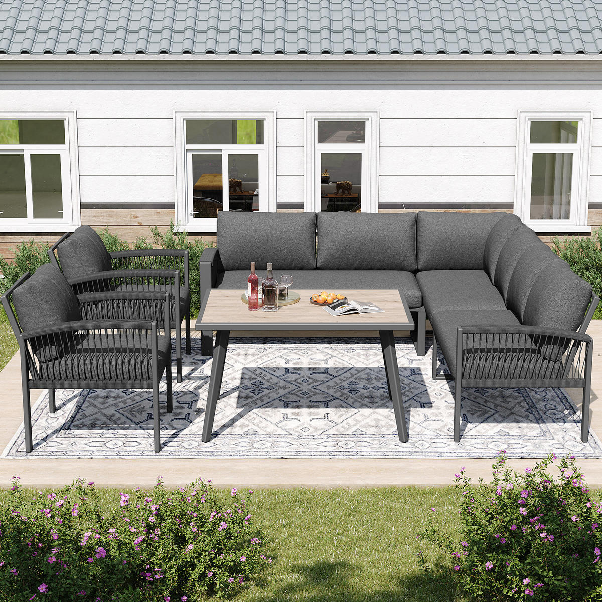 GARTEN-LOUNGE-SET mit Tisch 100/60/72 cm, verzinktes Metallgestell, Seilgeflecht und Kissen, Grau - Grau, Metall - Redom