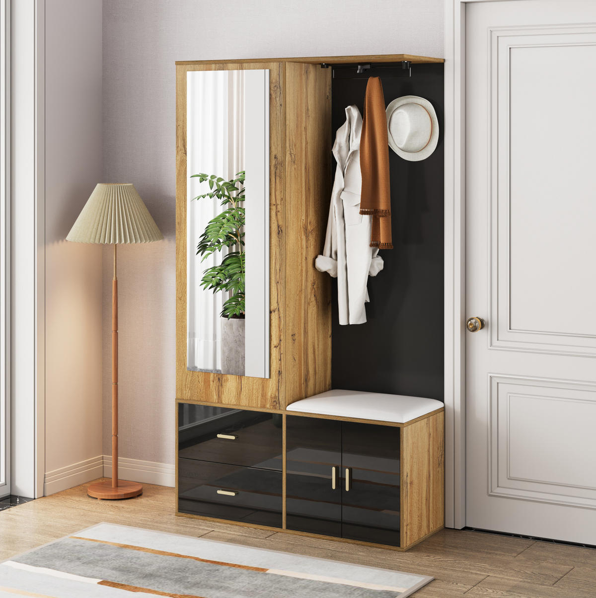 GARDEROBE mit Spiegel und Schuhbank 100 x 38 x 180 cm Schwarz Holzoptik - Schwarz, Holzwerkstoff (38/180/100cm) - Beauniv