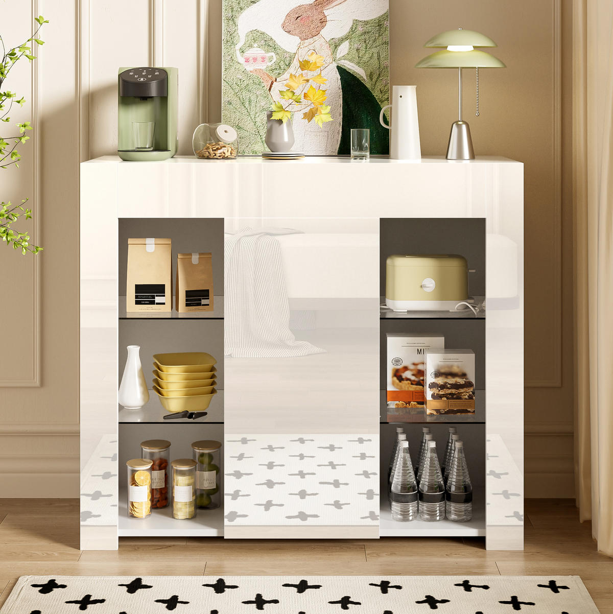 SIDEBOARD aus Spanplatte 95x35x83 cm Weiß mit Hochglanzfront, Glasregalen und Schranktür - Weiß, Holzwerkstoff (95/83/35cm) - Modfu