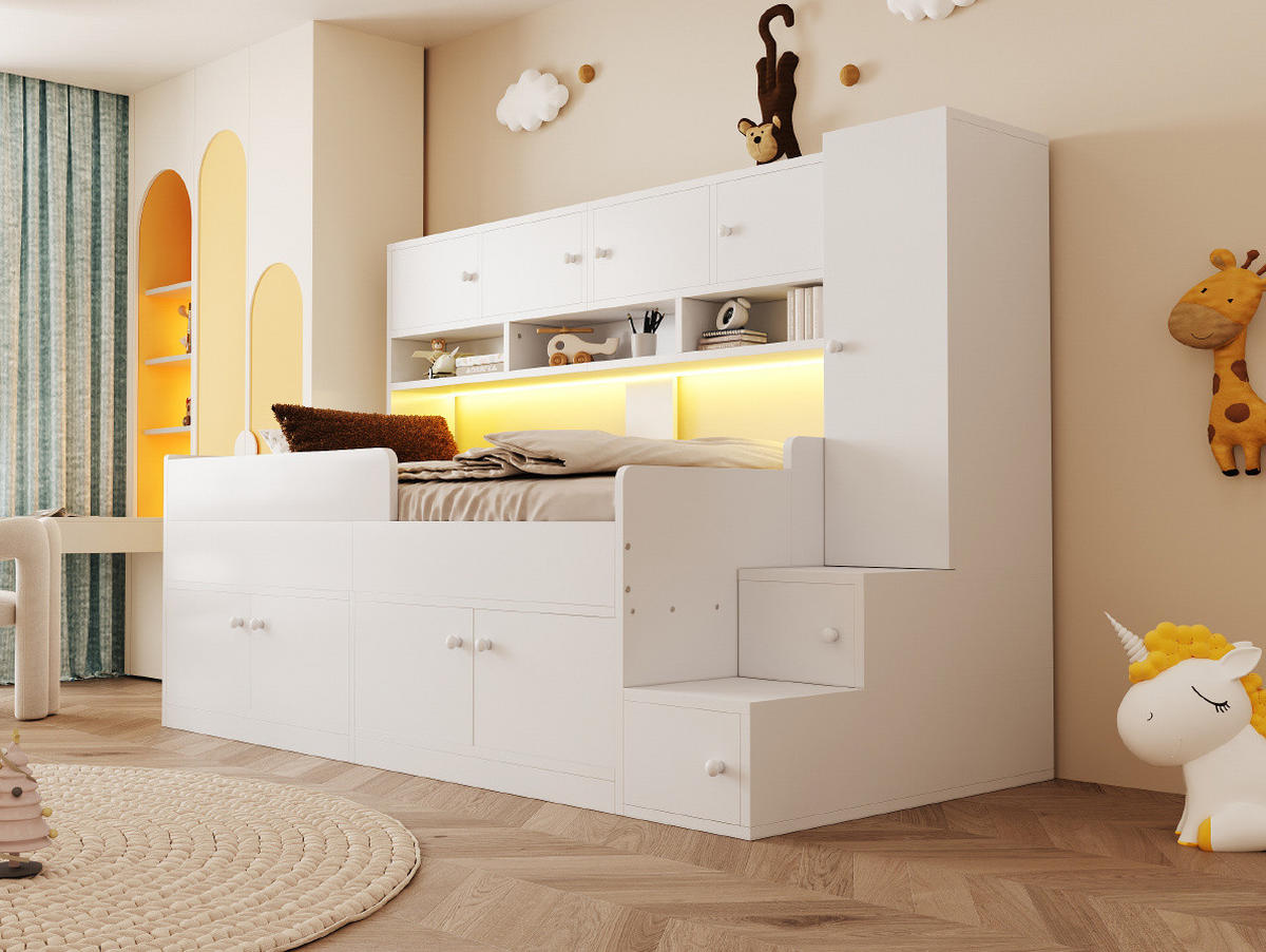 KINDERBETT 90/200 cm Weiß aus Holz mit Stauraum und LED-Beleuchtung - Weiß, Holz (90/200cm) - OKMYHOME
