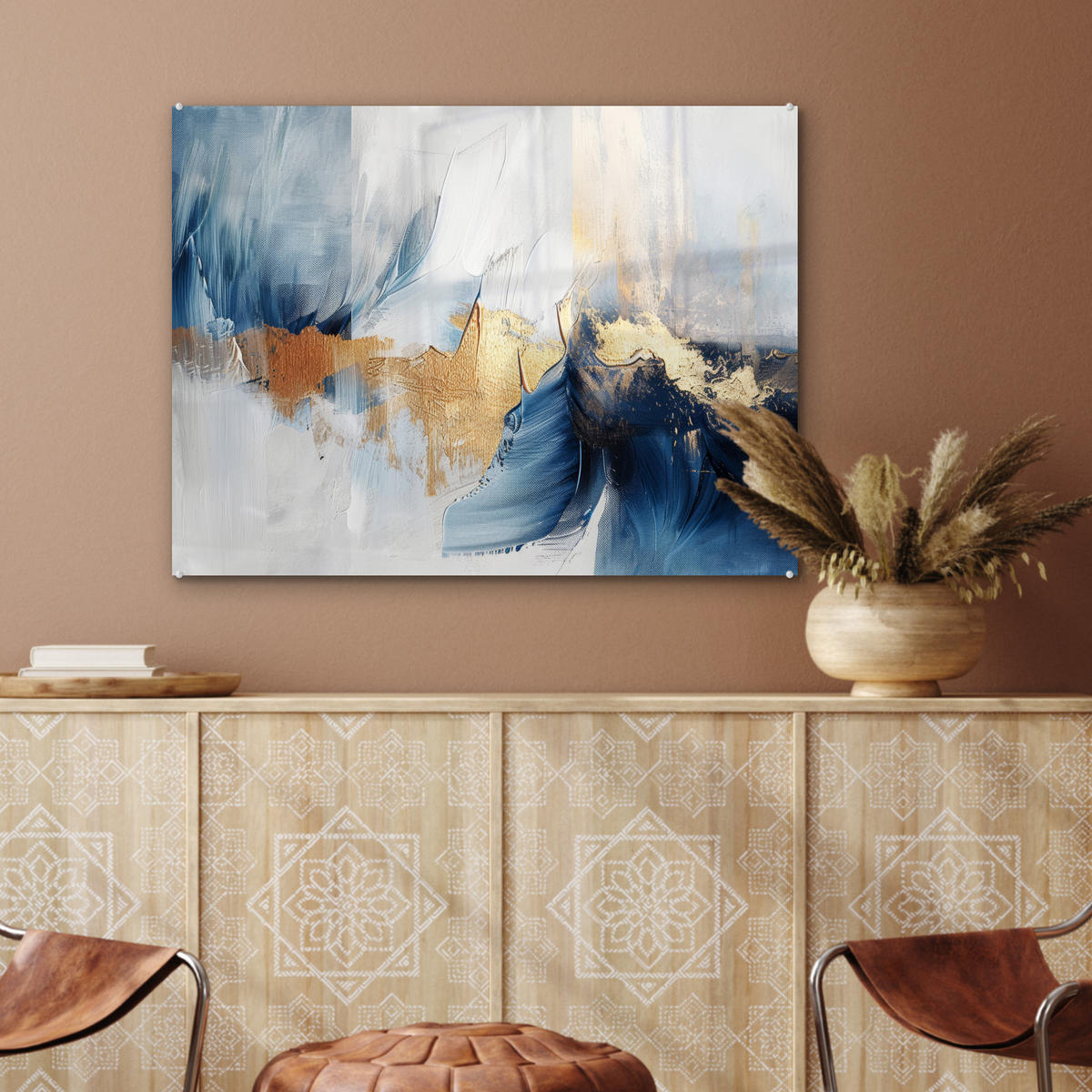 ACRYLGLASBILD Gold - Blau - Aquarell - Kunst - Modern 80x60 cm - Hellblau, Glas (80/60cm) - MuchoWow