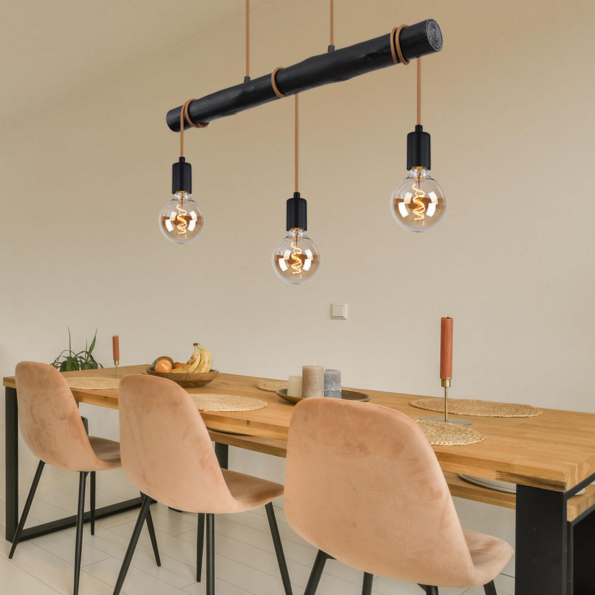 HÄNGELEUCHTE Holz Schwarz 3-flammig höhenverstellbar - Schwarz, Holz/Metall (60/5/120cm) - Globo Lighting