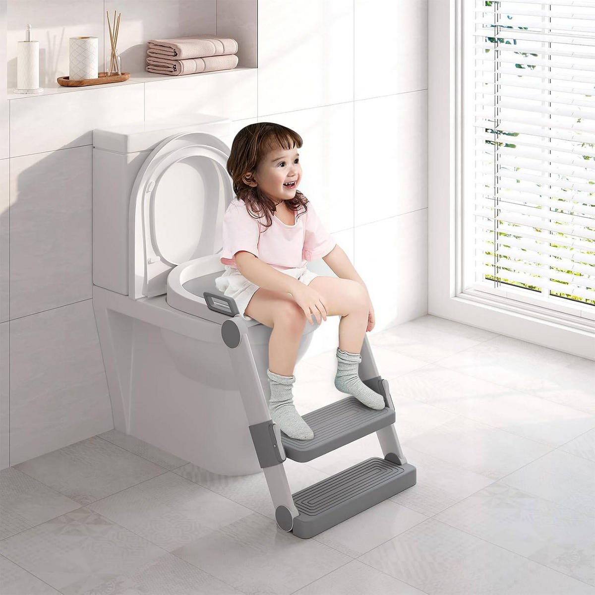 TOILETTENSITZ Kinder mit Treppe, 2 Stufen höhenverstellbar - Weiß/Grau, Kunststoff (38/45/35cm) - Woltu