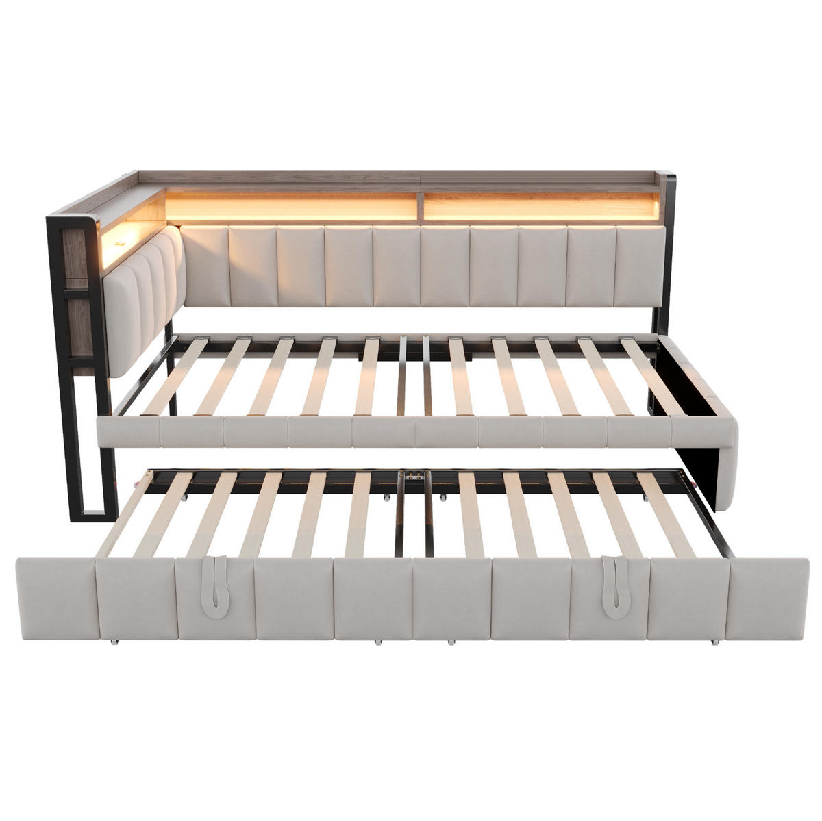 POLSTERBETT Schlafsofa aus Samt 90x200 cm Hellgrau mit Ausziehbett, LED-Beleuchtung und USB-/Typ-C-Anschlüssen - Hellgrau, Textil (90/200cm) - Modfu
