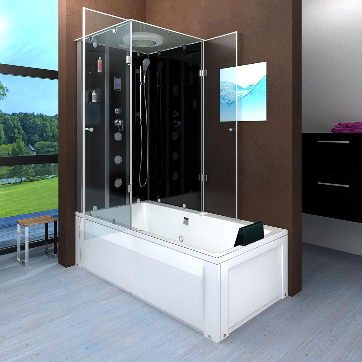 DUSCHE Wanne Kombination K05-R31 90x180 - Schwarz, Glas/Kunststoff (180/225/90cm) - AcquaVapore by Sandra Jentho