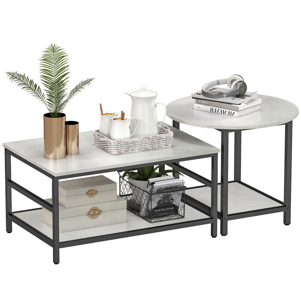 COUCHTISCH 2er-Set Beistelltisch, Kaffeetisch Satztisch mit Marmoroptik Stahl - Multicolor/Schwarz, Holzwerkstoff/Metall (80/54/41cm) - HOMCOM