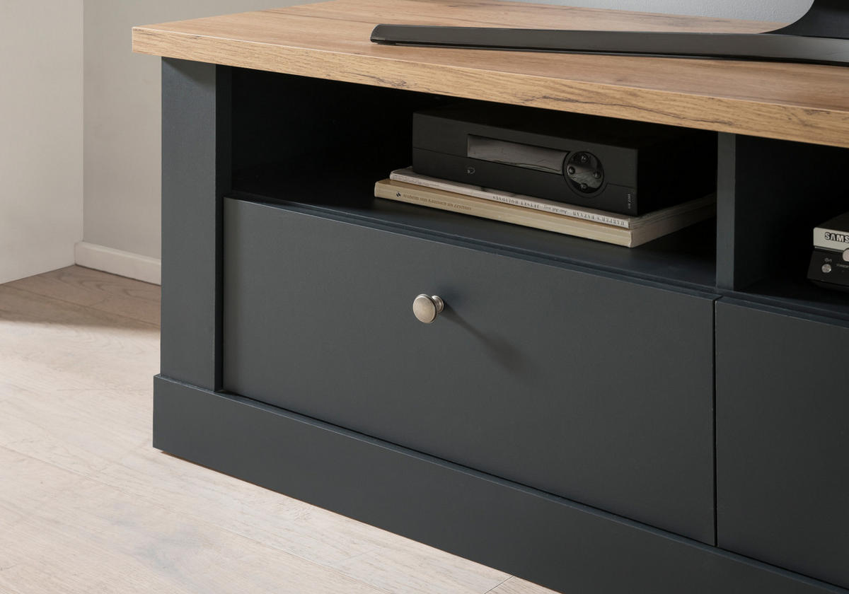 WOHNWAND 4-teilig grau, Eiche Wotan, Landhaus 299 x 201 cm, Wohnkombination mit Soft-Close - Silberfarben/Eiche Wotan, Glas/Holzwerkstoff (299/201/45cm) - Furn.Design