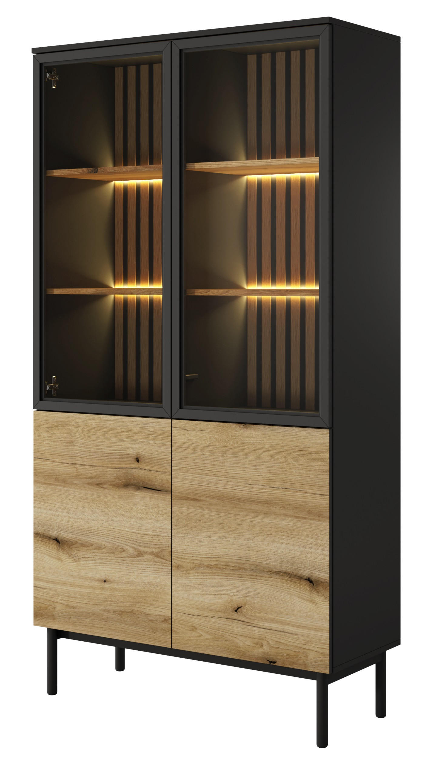 VITRINENSCHRANK 100 cm Jotare mit LED-Beleuchtung, Schwarz, Eiche Evoke - Schwarz, Holz (100/188/39cm) - Emporius